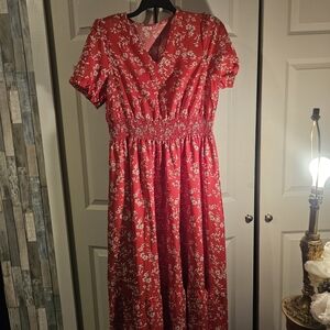 Red Floral Midi Dress with Smocked Waist